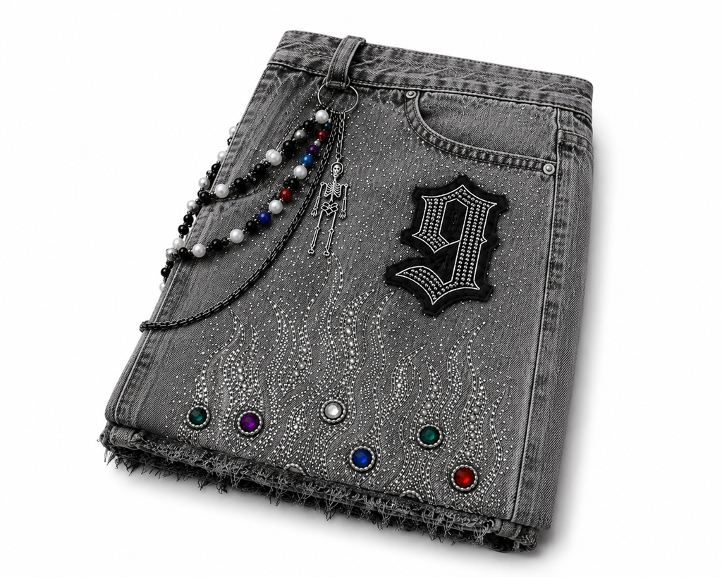 The Nine9 Inferno Rhinestone Oversized Denim Shorts (Ash Gray)