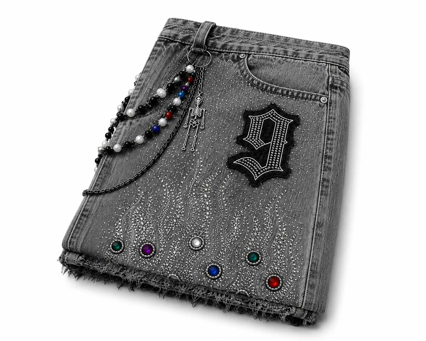 The Nine9 Inferno Rhinestone Oversized Denim Shorts (Ash Gray)