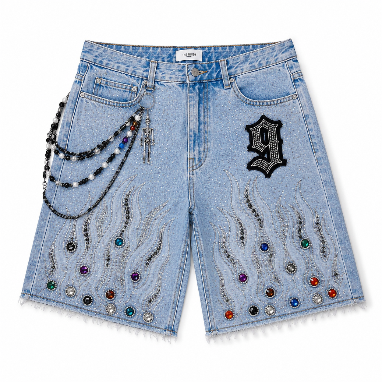 The Nine9 Inferno Rhinestone Oversized Denim Shorts (Ice Blue)