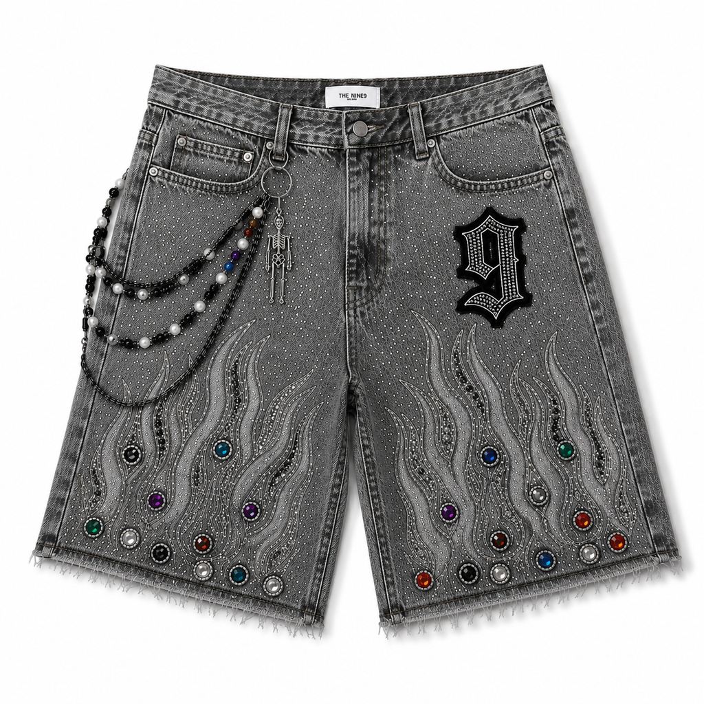 The Nine9 Inferno Rhinestone Oversized Denim Shorts (Ash Gray)
