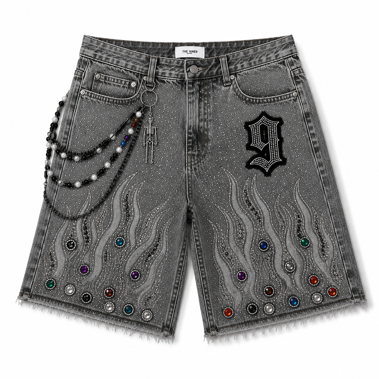 The Nine9 Inferno Rhinestone Oversized Denim Shorts (Ash Gray)