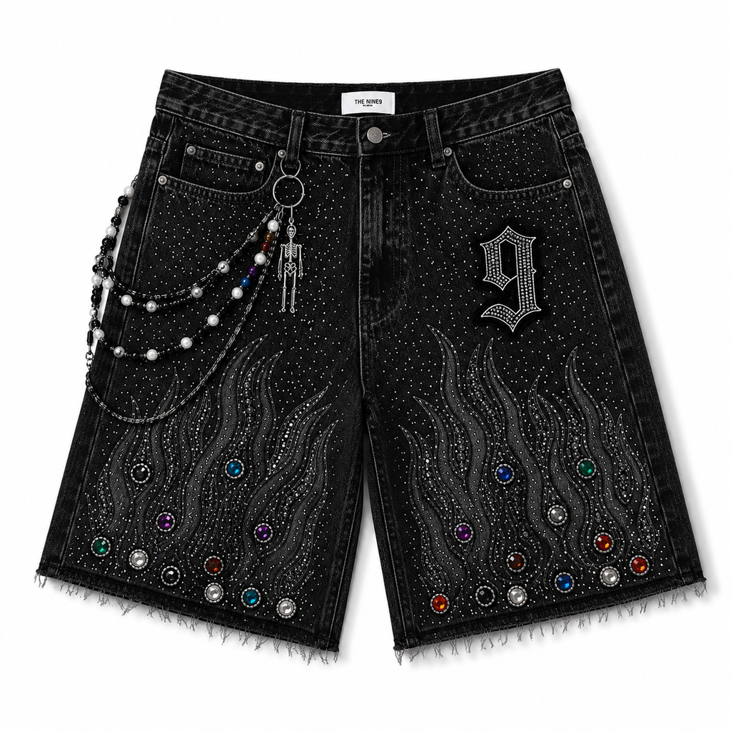The Nine9 Inferno Rhinestone Oversized Denim Shorts (Obsidian Black)