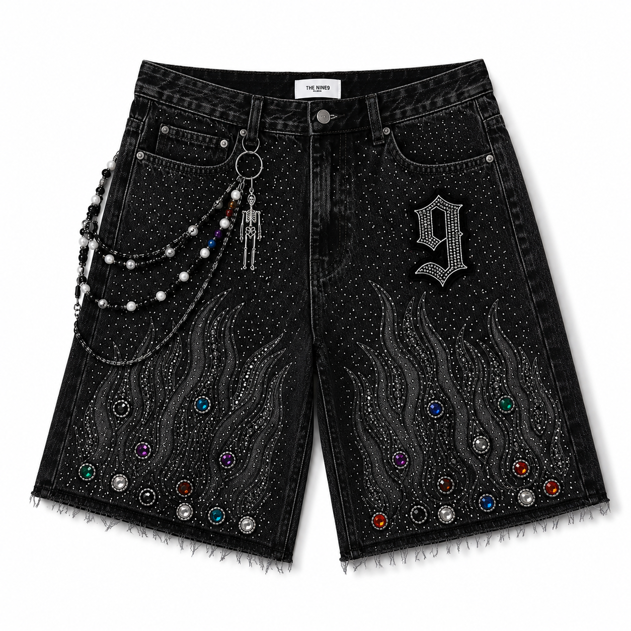 The Nine9 Inferno Rhinestone Oversized Denim Shorts (Obsidian Black)