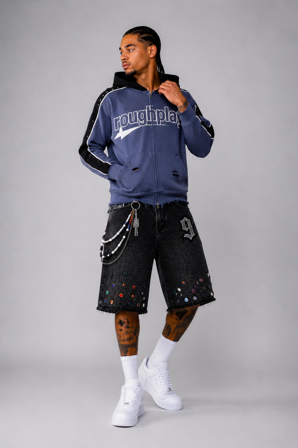 The Nine9 Inferno Rhinestone Oversized Denim Shorts (Obsidian Black)