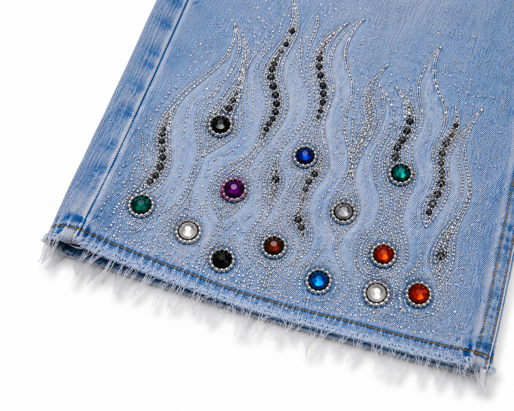 The Nine9 Inferno Rhinestone Oversized Denim Shorts (Ice Blue)