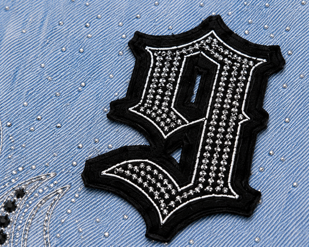 The Nine9 Inferno Rhinestone Oversized Denim Shorts (Ice Blue)