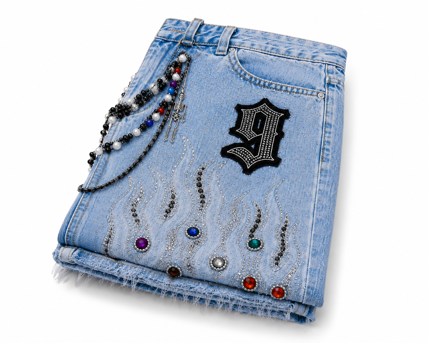 The Nine9 Inferno Rhinestone Oversized Denim Shorts (Ice Blue)