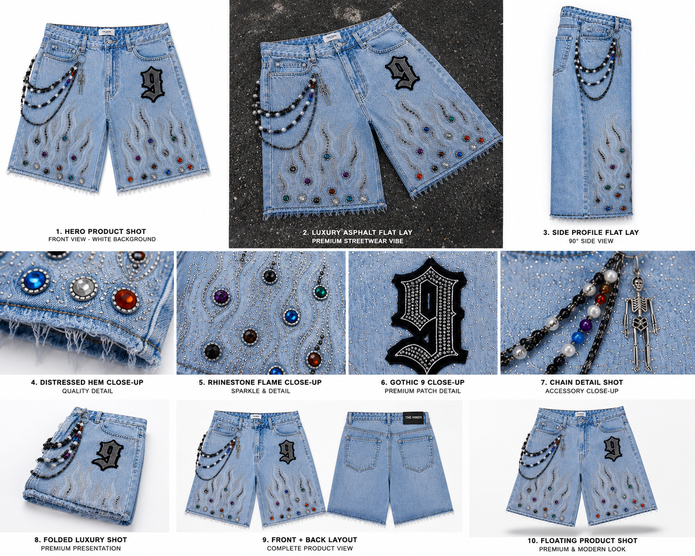 The Nine9 Inferno Rhinestone Oversized Denim Shorts (Ice Blue)