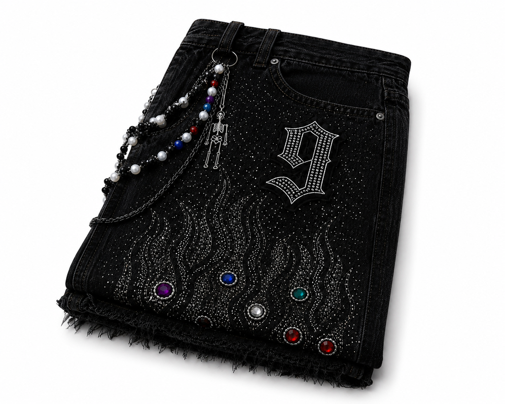 The Nine9 Inferno Rhinestone Oversized Denim Shorts (Obsidian Black)