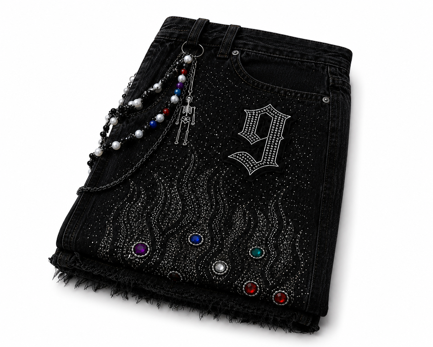 The Nine9 Inferno Rhinestone Oversized Denim Shorts (Obsidian Black)