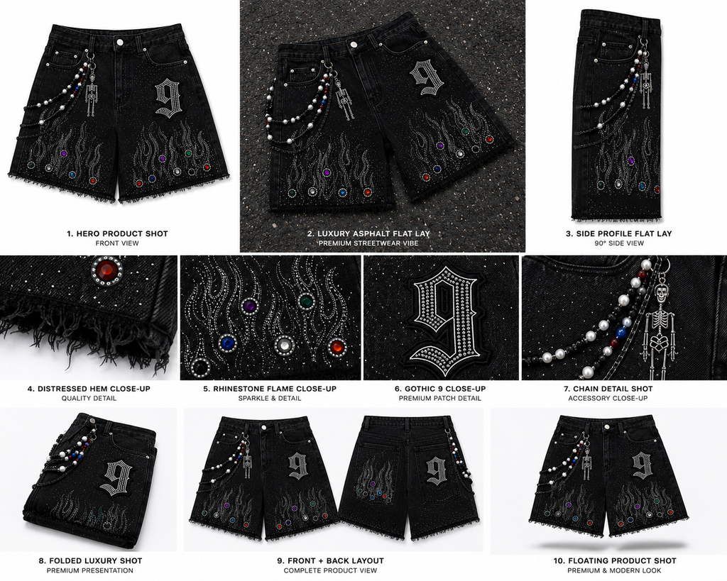 The Nine9 Inferno Rhinestone Oversized Denim Shorts (Obsidian Black)