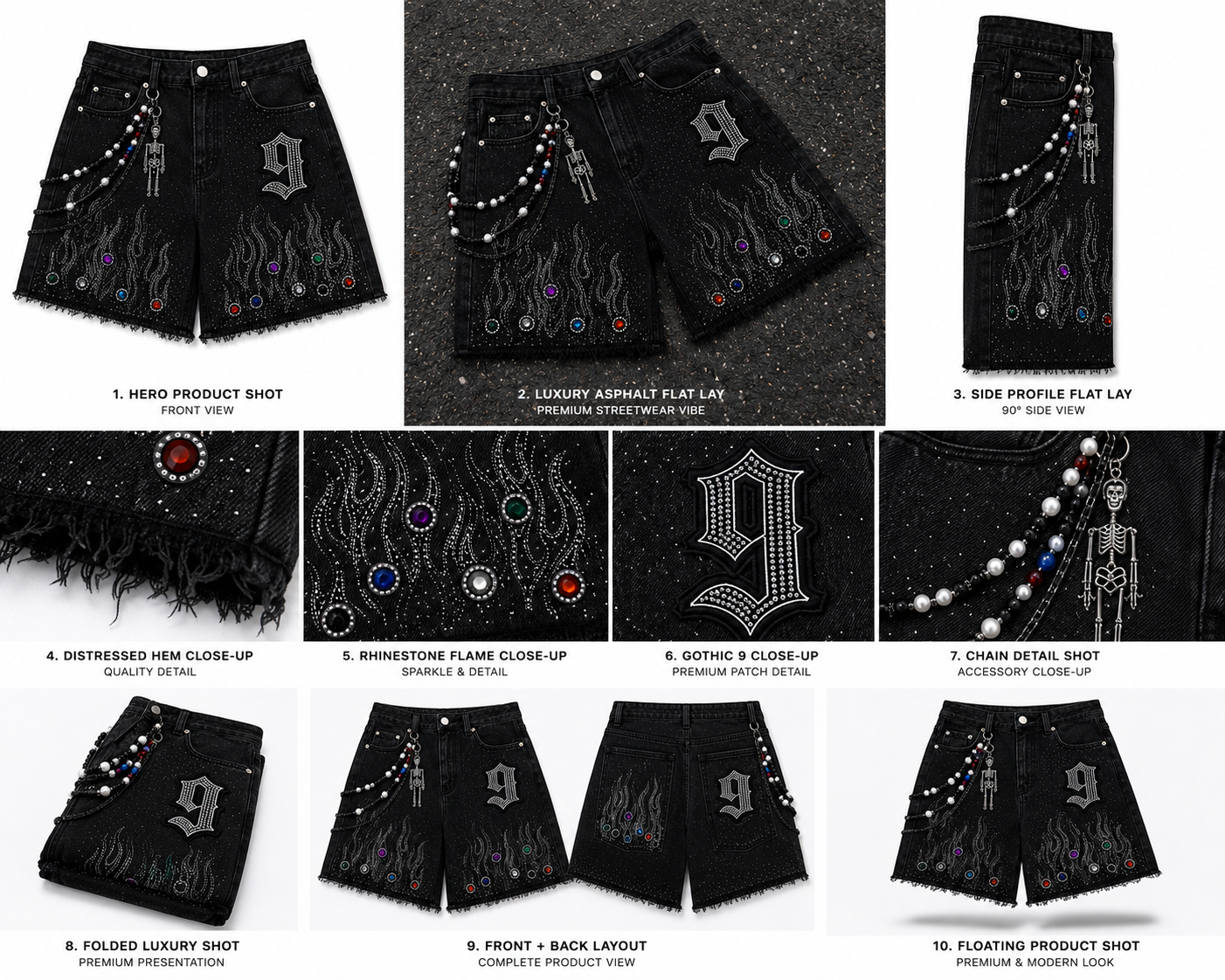 The Nine9 Inferno Rhinestone Oversized Denim Shorts (Obsidian Black)
