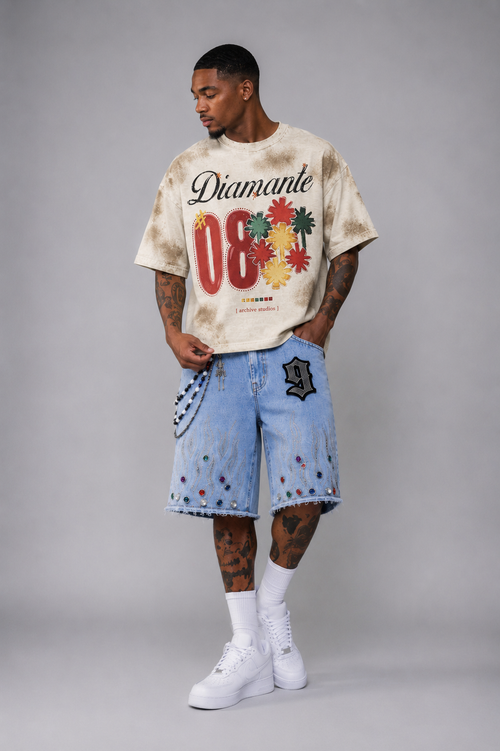 The Nine9 Inferno Rhinestone Oversized Denim Shorts (Ice Blue)