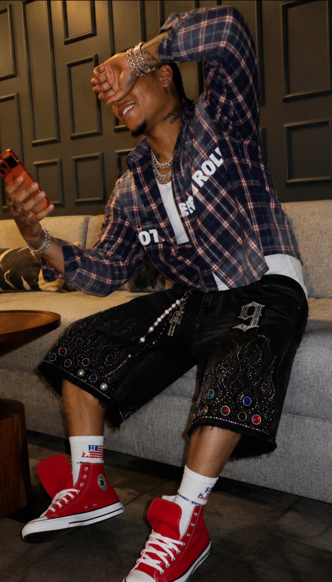 The Nine9 Inferno Rhinestone Oversized Denim Shorts (Obsidian Black)